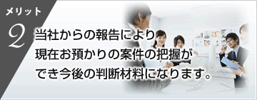 メリット1　当社からの報告により現在お預かりの案件の把握ができ今後の判断材料になります。